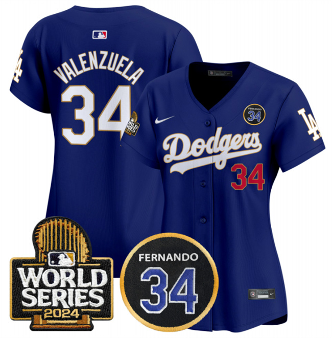 Women's Los Angeles Dodgers #34 Fernando Valenzuela Royal 2024 World Series & Fernando Memorial Patch Limited Stitched Baseball Jersey(Run Small) Women's Los Angeles Dodgers #34 Fernando Valenzuela Royal 2024 World Series & Fernando Memorial Patch Limited Stitched Baseball Jersey(Run Small)